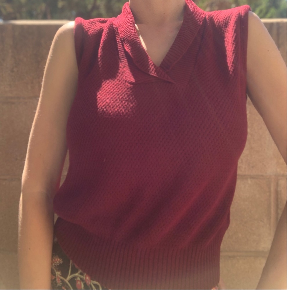 70s Sears Knit Top Burgundy Sleeveless Retro Sz M